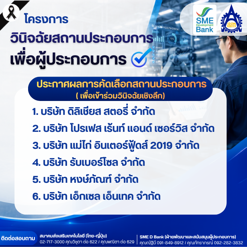 ผลคัดเลือก 6 บริษัท โครงการวินิจฉัยสถานประกอบการเชิงลึก | SME Bank & สสท.