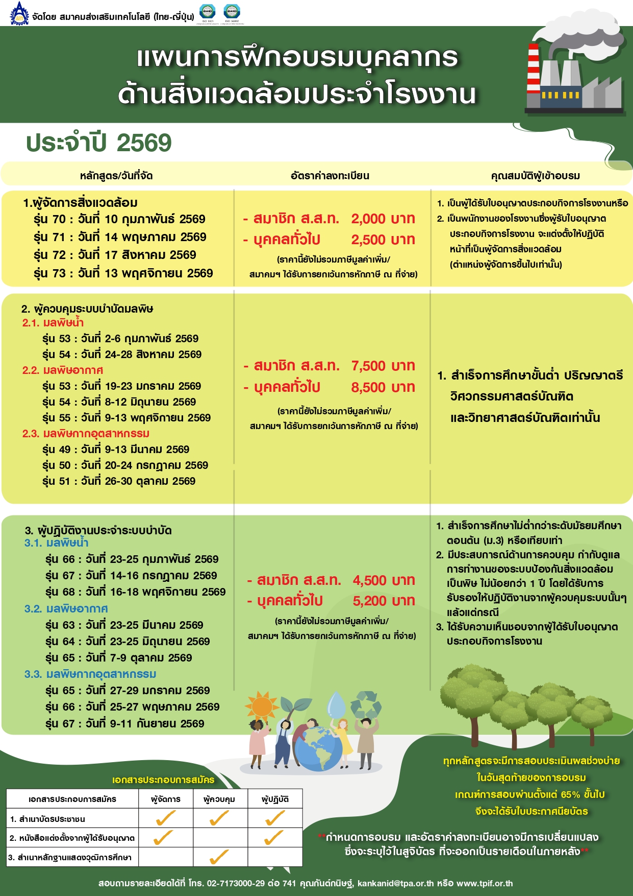 ตารางเรียนแผนการอบรม 2026 การฝึกอบรมบุคลากร ด้านสิ่งแวดล้อมประจำโรงงาน
